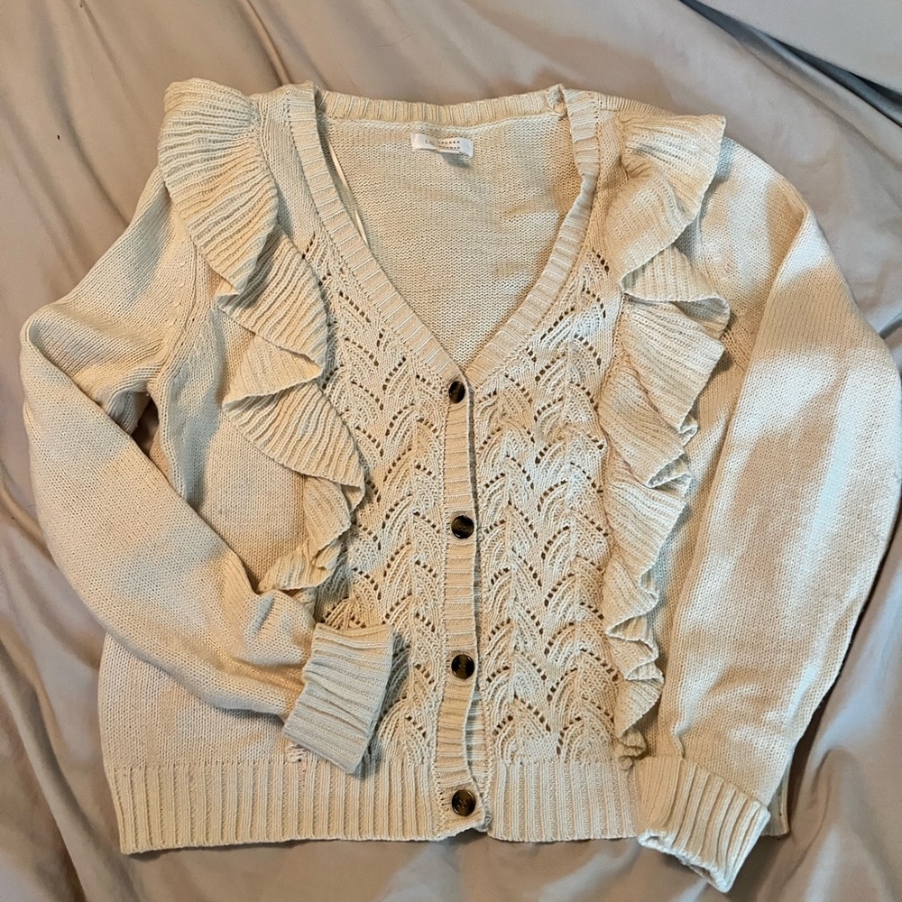 LC Lauren Conrad Cream Ruffled Cardigan Sweater